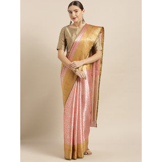                       Vastranand Pink & Silver-Toned Silk Blend Woven Design Kanjeevaram Saree                                              