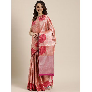                       Vastranand Peach-Coloured & Gold-Toned Silk Blend Checked Kanjeevaram Saree                                              