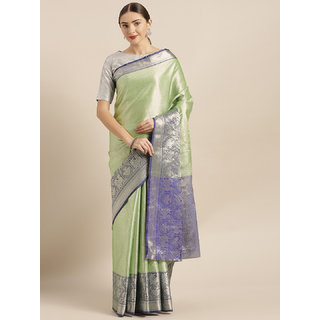                       Vastranand Green & Navy Blue Kora Muslin Silk Blend Woven Design Kanjeevaram Saree                                              