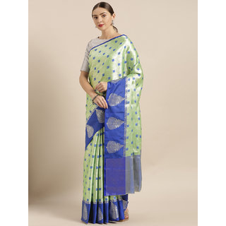                       Vastranand Green & Blue Kora Muslin Silk Blend Woven Design Kanjeevaram Saree                                              