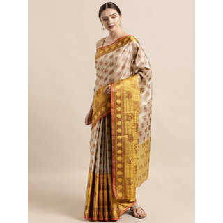                       Vastranand Off-White & Mustard Yellow Tissue Woven Design Kanjeevaram Saree                                              