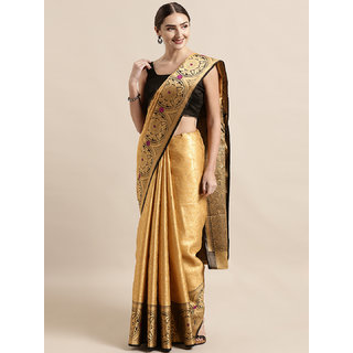                       Vastranand Gold-Toned & Black Silk Blend Woven Design Kanjeevaram Saree                                              