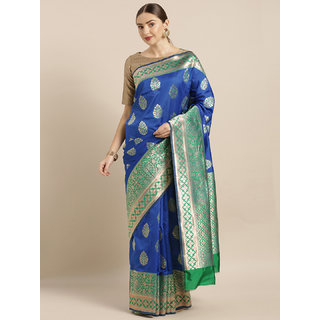                       Vastranand Blue & Gold-Toned Silk Blend Woven Design Banarasi Saree                                              