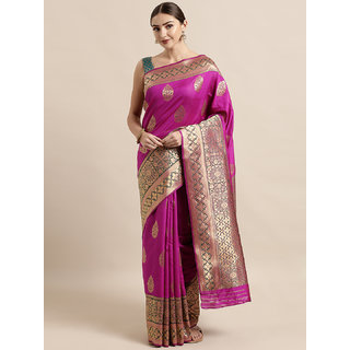                       Vastranand Pink & Green Silk Blend Woven Design Banarasi Saree                                              