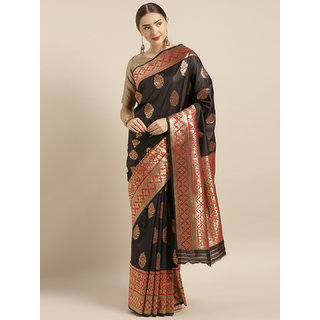                       Vastranand Black Silk Blend Woven Design Banarasi Saree                                              