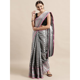                       Vastranand Grey & Silver-Coloured Silk Blend Woven Design Kanjeevaram Saree                                              