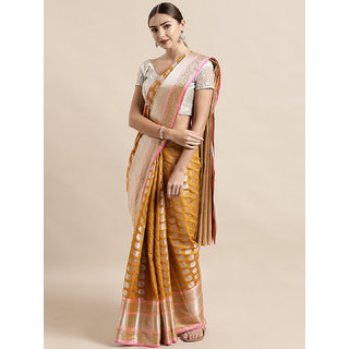                       Vastranand Mustard Yellow Silk Blend Woven Design Kanjeevaram Saree                                              