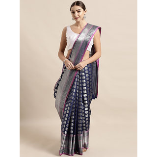 Vastranand Navy Blue & Silver-Toned Silk Blend Woven Design Kanjeevaram Saree