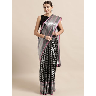                       Vastranand Black & Silver Silk Blend Woven Design Kanjeevaram Saree                                              