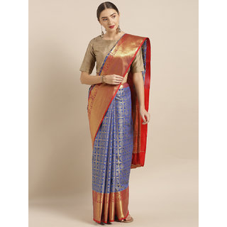                       Vastranand Blue Silk Blend Woven Design Kanjeevaram Saree                                              