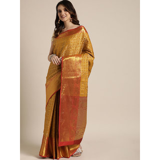                       Vastranand Mustard Yellow & Red Silk Blend Woven Design Kanjeevaram Saree                                              