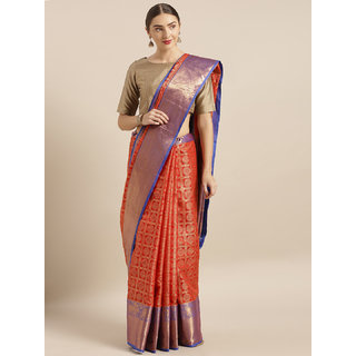                       Vastranand Red & Gold-Toned Silk Blend Woven Design Kanjeevaram Saree                                              