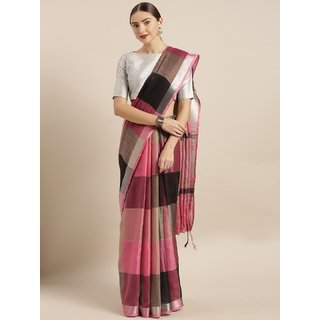                       Vastranand Black & Pink Linen Blend Checked Saree                                              
