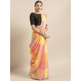                       Vastranand Yellow & Pink Linen Blend Checked Saree                                              
