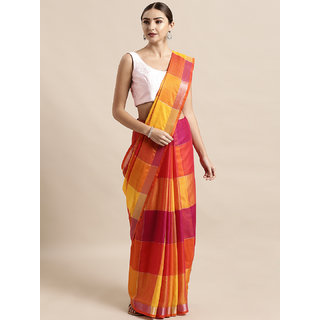                       Vastranand Red & Orange Linen Blend Checked Saree                                              