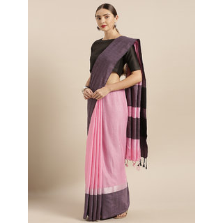                       Vastranand Pink & Black Linen Blend Solid Saree                                              