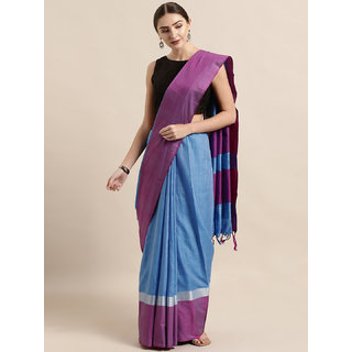                       Vastranand Blue Solid Linen Blend Saree                                              