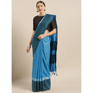                       Vastranand Blue & Black Linen Blend Solid Saree                                              