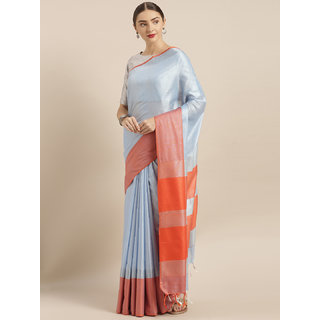                       Vastranand Blue Solid Linen Blend Saree                                              
