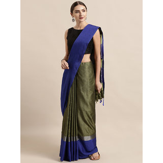                       Vastranand Olive Green Solid Linen Blend Saree                                              