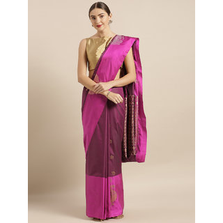                       Vastranand Burgundy & Pink Silk Blend Colourblocked Kanjeevaram Saree                                              