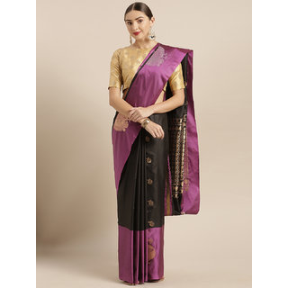                       Vastranand Black Silk Blend Solid Kanjeevaram Saree                                              