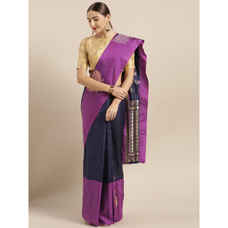                       Vastranand Navy Blue & Purple Silk Blend Woven Design Kanjeevaram Saree                                              