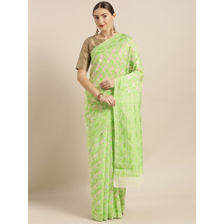                       Vastranand Cream-Coloured & Green Silk Cotton Woven Design Jamdani Saree                                              