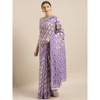                       Vastranand Cream-Coloured & Purple Silk Cotton Woven Design Jamdani Saree                                              