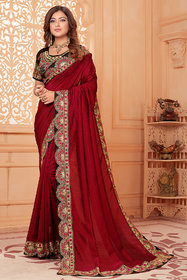 Granthva Fab Designer Maroon Silk Embroidered Saree with Blouse Piece