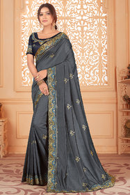 Granthva Fab Designer Grey Silk Embroidered Saree with Blouse Piece