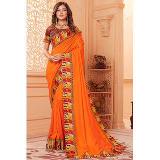                      Granthva Fab Designer Orange Silk Embroidered Saree with Blouse Piece                                              