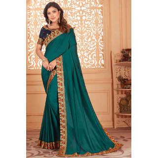                       Granthva Fab Designer Turquoise Silk Embroidered Saree with Blouse Piece                                              