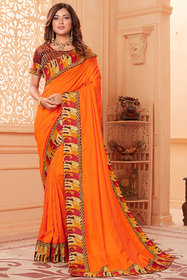 Hirvanti Fashion Designer Orange Silk Embroidered Saree with Blouse Piece
