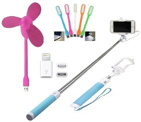 KSJ (S01) Combo of BW Selfie Stick, USB Fan, LED Light and Lightening connector 8pin (Assorted Colors)