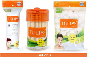 Tulips Cotton Pads 50 pcs with White Cotton Balls 50 Pcs with Wooden Toothpicks 250 Sticks