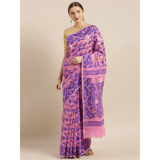 Meia Pink & Blue Silk Cotton Woven Design Jamdani Saree