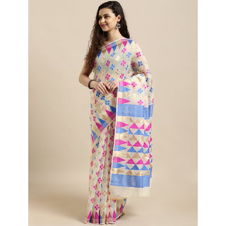                       Meia Cream-Coloured & Blue Silk Cotton Woven Design Jamdani Saree                                              