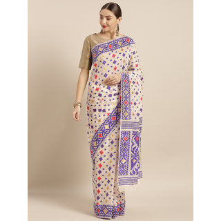 Meia Cream-Coloured & Violet Silk Cotton Woven Design Jamdani Saree Meia Cream-Coloured & Violet Silk Cotton Woven Design Jamdani Saree