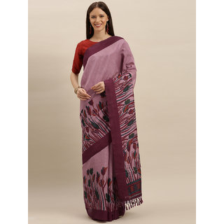                       Meia Pink & Burgundy Silk Blend Printed Saree                                              