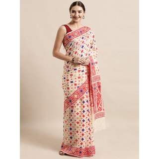                       Meia Cream-Coloured & Red Silk Cotton Woven Design Jamdani Saree                                              