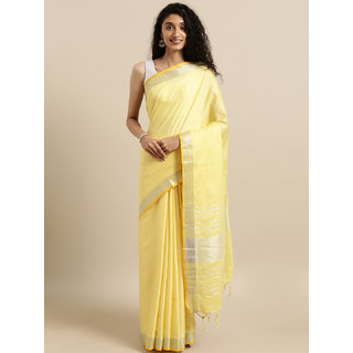                       Meia Yellow Solid Angolla Linen Blend Saree                                              