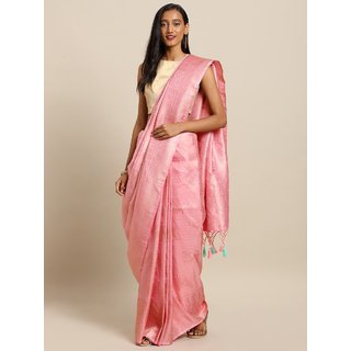                       Meia Pink Silk Blend Woven Design Baluchari Saree                                              