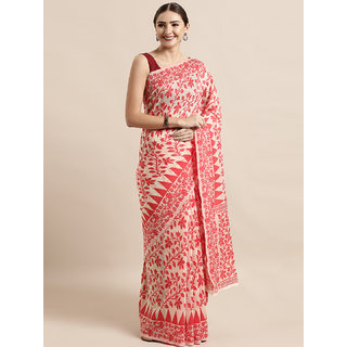 Meia Beige & Red Silk Cotton Woven Design Jamdani Saree Meia Beige & Red Silk Cotton Woven Design Jamdani Saree