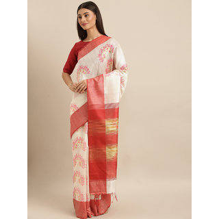                       Meia White & Red Silk Blend Floral Printed Bhagalpuri Saree                                              