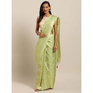 Meia Green & Gold-Toned Silk Blend Woven Design Baluchari Saree Meia Green & Gold-Toned Silk Blend Woven Design Baluchari Saree