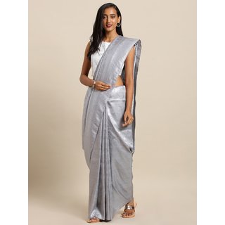                       Meia Grey & Silver-Toned Silk Blend Woven Design Baluchari Saree                                              