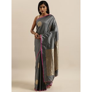                       Meia Grey & Gold-Toned Silk Blend Printed Banarasi Saree                                              
