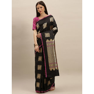 Meia Black & Gold-Toned Silk Blend Woven Design Kanjeevaram Saree Meia Black & Gold-Toned Silk Blend Woven Design Kanjeevaram Saree