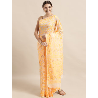                       Meia Cream-Coloured & Yellow Silk Cotton Woven Design Jamdani Saree                                              
